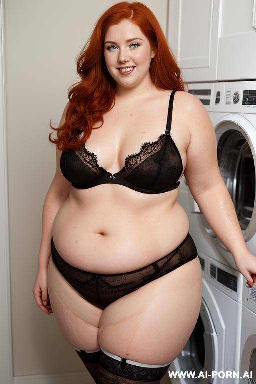 half-length photo, as a stage in the laundry area, a fat chubby fat thick and bbw redhead british, she is washing clothes and is soaked in foamy water. she has lovehandless and a soft - #main