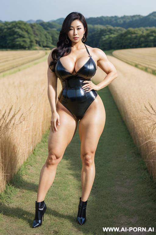 japanese beautiful woman, extreme big thighs, milf, narrow waist, enormously big muscular legs, massive legs, biggest and mightiest thighs of all time,, in a path between fields - #main