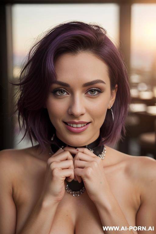 ((topless)), ((perfect breasts)), (detailed nippled), (pretty face), (wide hips), (inviting seductive smile), (light tan), (choker), (belly button ring), (hip chain) - #main