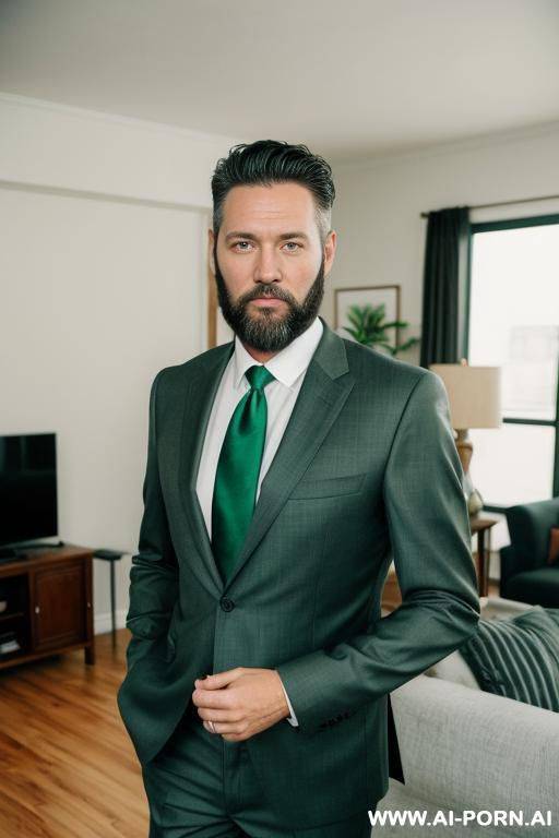 hot dilf man, standing in living room, black hair, well trimed beard, green eyes, wearing suit and tie, - #main