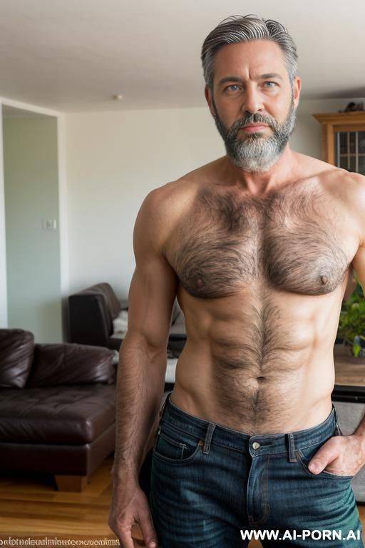 hot mature man, standing in living room, black hair, well trimed beard, green eyes, wearing jeans, topless, toned body, ((keep face)), - #main