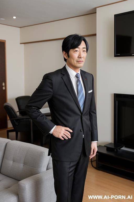 mature japanese man, standing in living room, black hair, wearing suit and tie, - #main