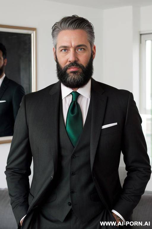 hot mature man, standing in living room, black hair, well trimed beard, green eyes, wearing black suit and tie, ((keep face)), - #main