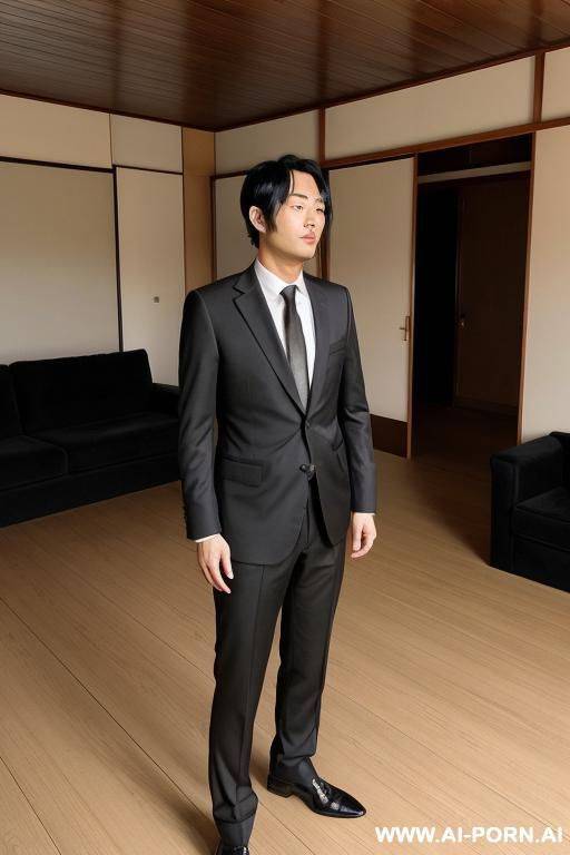 japanese man, standing in living room, black hair, wearing suit and tie, - #main
