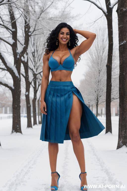 indian, fit, abs, huge bulked up, muscular arms, arms outstretched, big ass, tall, long legs, navel piercing, blue bra, blue pleat skirt, looking at camera, full body, stiletto, in snow outside - #main