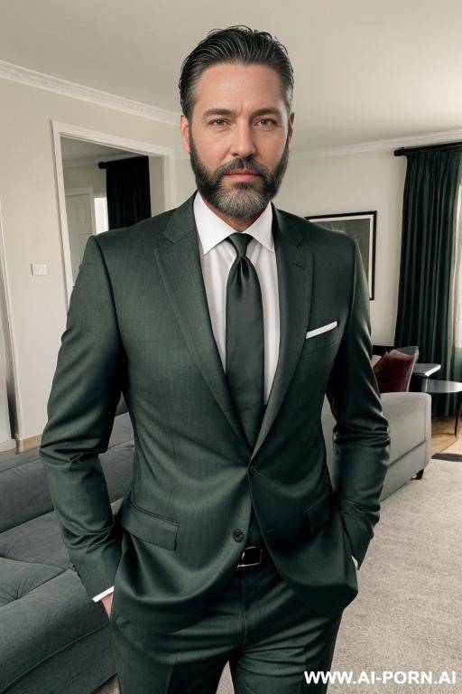 hot mature man, standing in living room, black hair, well trimed beard, green eyes, wearing suit and tie, - #main