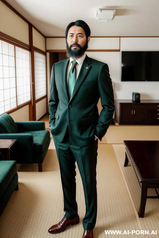 mature japanese man, standing in living room, black hair, well trimed beard, green eyes, wearing suit and tie, - #main