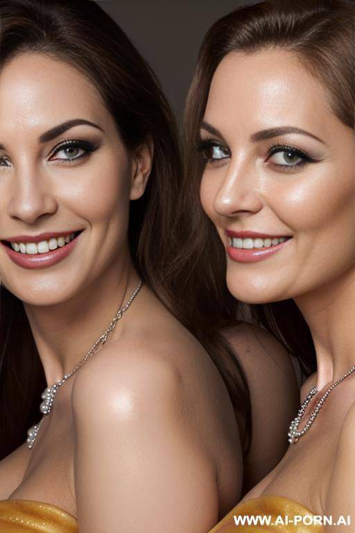 ((two, duo, twin, naked, beautiful, eye contact)), closeup, necklace, heavy eyeliner, make up - #main