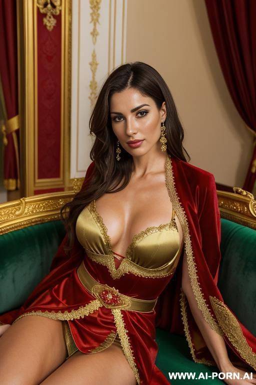 realistic spanish woman, happy, beautiful natural boobs, beautiful natural body, red and gold royal robes, royal lingerie with green gems, in a harem, on a couch - #main