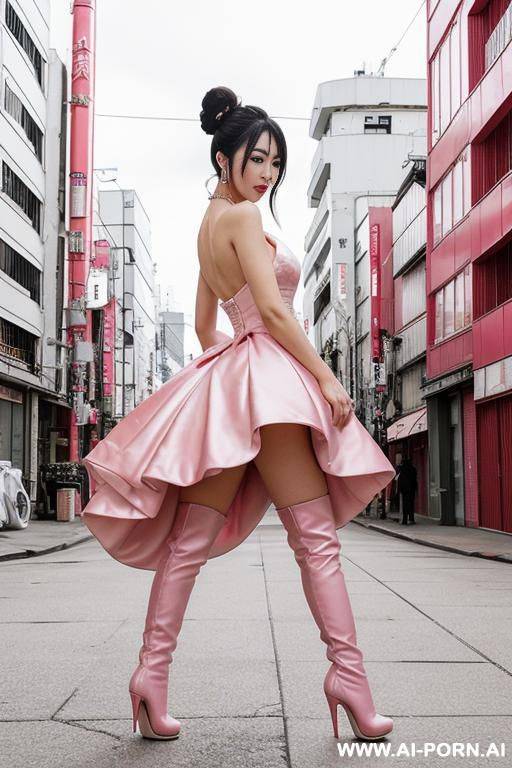 japanese actress, pink wedding dress, red high-heeled boots, bun, orgasmic expression, model figure, diamond necklace, pink labia, street - #main