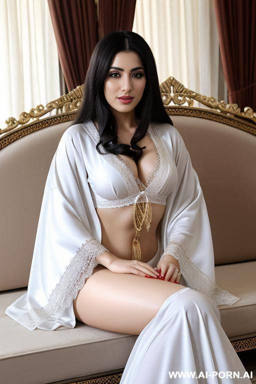 realistic iraqi woman, happy, beautiful natural boobs, beautiful natural body, black royal arab robes, white royal arab lingerie, in a harem, on a couch - #main