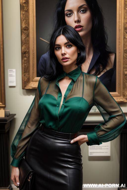 british model, green eyes, museum, deep blue blouse, black hair - #main