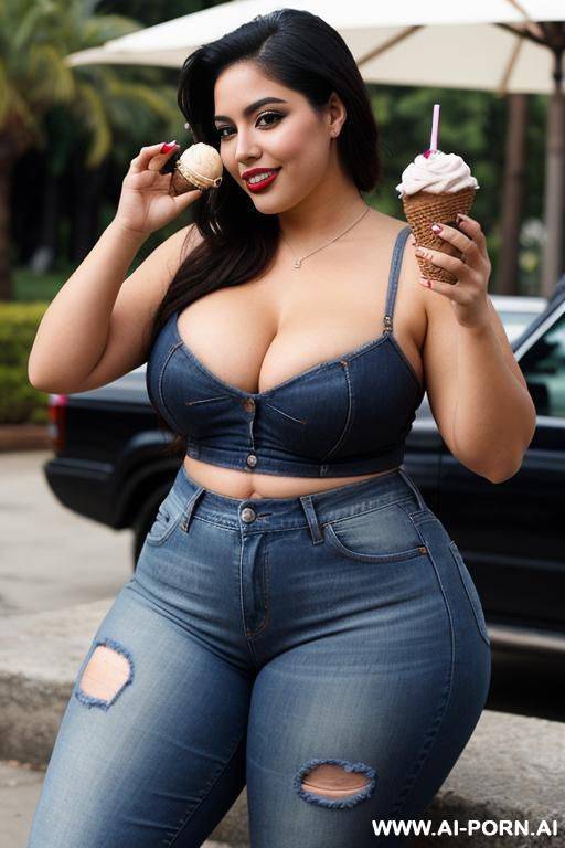 extra thicc, hourglass shaped latina, supermodel face, mexican, , rocker woman, wide hips, eating ice cream - #main