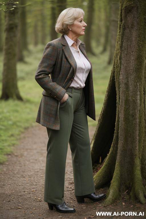 british lady in wildernes, tweedjacket, pants, squatting, side-view - #main