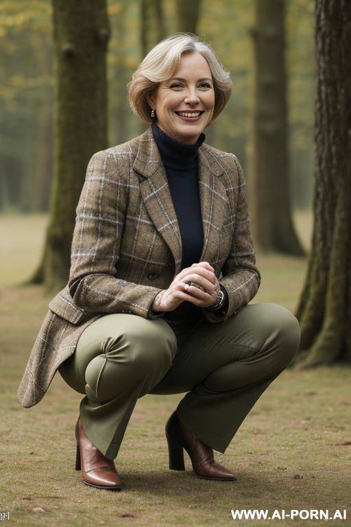 british lady 4 in wildernes, tweedjacket, pants, squatting, side-view - #main