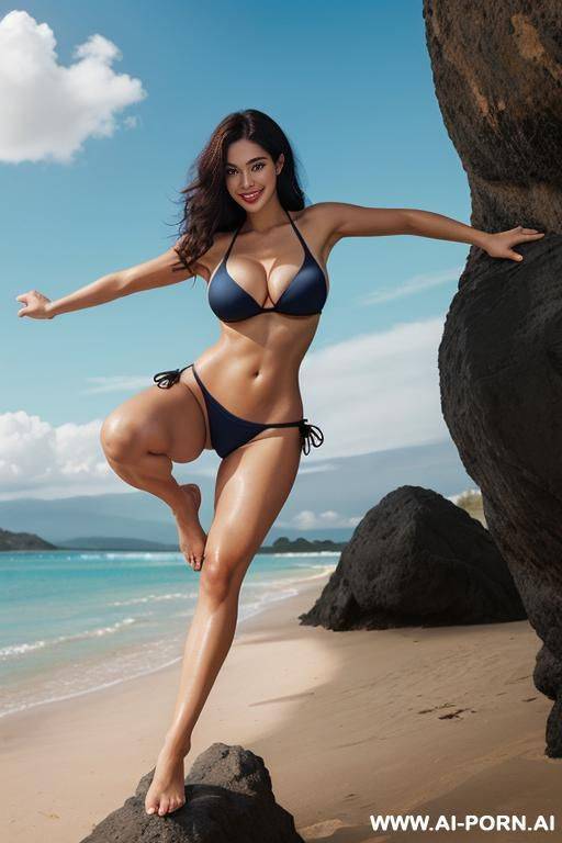 argentina-french, dark brown eyes, large breast, round face, detailed face, facial dimples, fit, perfect body, narrow waist, dark blue bikini, large butt, round face, large smile, (dark black hair), (wide lips) - #main
