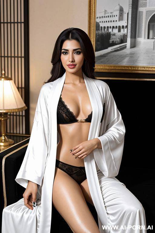 realistic iraqi woman, happy, beautiful natural boobs, beautiful natural body, black and white royal arab robes, black royal arab lingerie, in a harem, on a couch - #main
