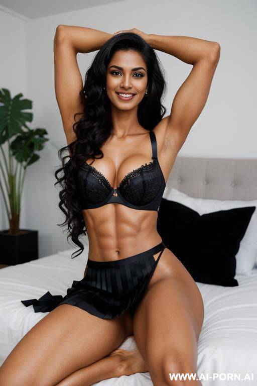 indian, fit, abs, muscular arms, arm up, big ass, tall, long legs, navel piercing, black bra, black pleat skirt, looking at camera, full body, stiletto, in bedroom, sitting side view - #main