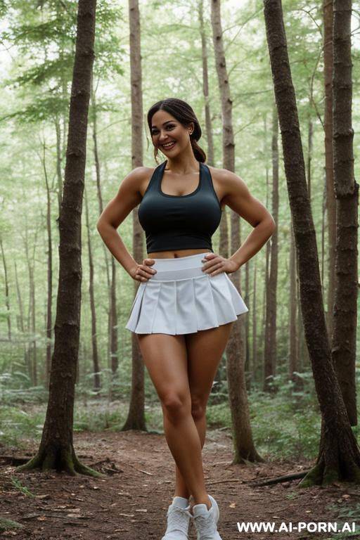 girl, smiling, full body shot, short tight tank top with neckline, very big boobs, athletic body, sports skirt, in the woods - #main