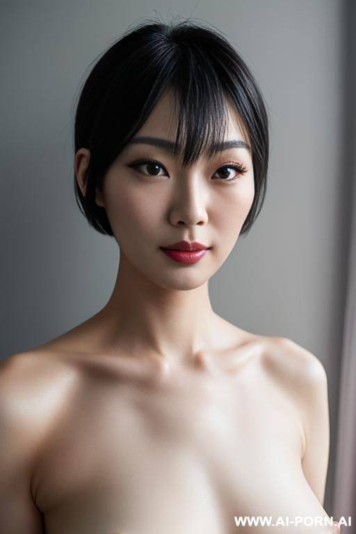 realistic chinese woman, short grey hair, 5 years old, nude, standing, medium build - #main
