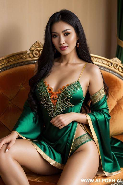 realistic uzbek woman, happy, beautiful natural boobs, beautiful natural body, green and orange royal robes, green and gold royal lingerie, in a harem, on a couch - #main