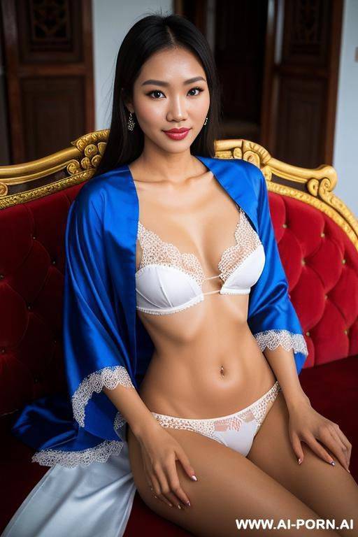 realistic cambodian woman, happy, beautiful natural boobs, beautiful natural body, blue and red royal khmer robes with white, royal lingerie, in a harem, on a couch - #main