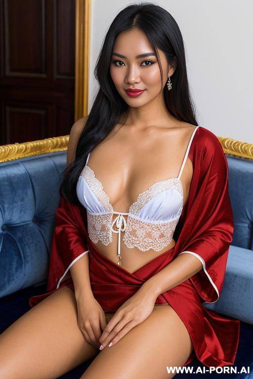 realistic cambodian woman, happy, beautiful natural boobs, beautiful natural body, red and blue royal robes, blue and white royal lingerie, in a harem, on a couch - #main