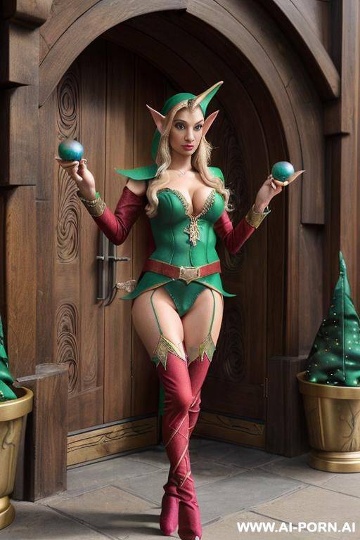 beautiful elf woman, massive silicone breasts, dirty blonde hair, lean hour glass body, full body view, - #main