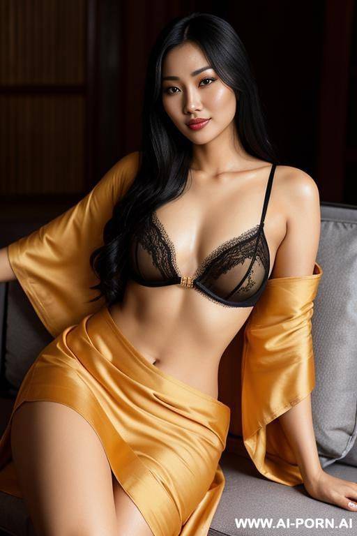 realistic burmese woman, happy, beautiful natural boobs, beautiful natural body, light saffron mango colored royal robes, black royal lingerie, in a harem, on a couch - #main