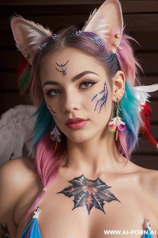 face, sexy, beautiful, ((face painting)), ((bikini as seashell)), ((tattoo roses)), ((eyes shw)), ((angel wings)), ((rainbow hair)), ((long bu hair)), ((wind)), (( cat face)), (( cat ears)), (((feather - #main