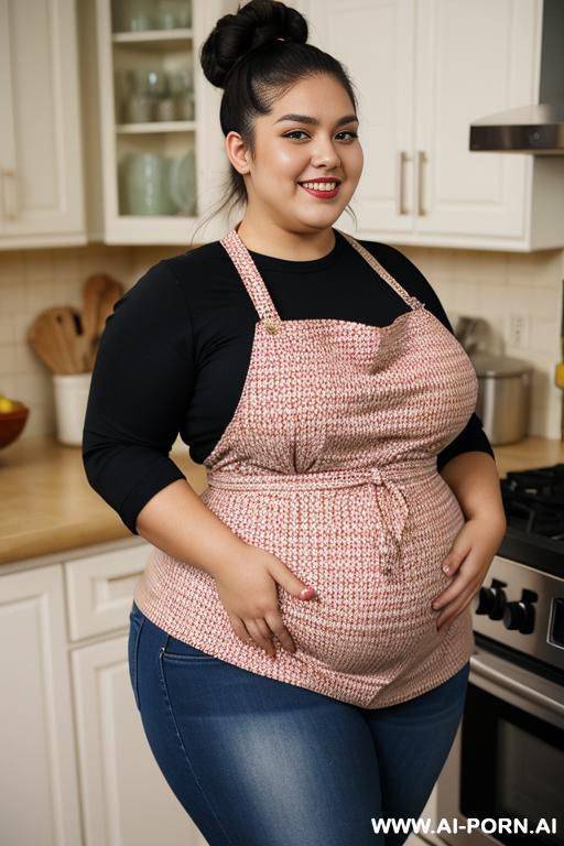 supermodel, gorgeous woman , pear shaped body, very plump, extra thicc, very wide hips, wearing red apron, musician, rotund, fat woman, mexican - #main