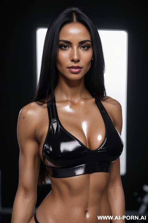 (perfect bombshell) (oiled shiny skin) ((black sports bra)) (black straight long hair) (female brunette) (fitness model) (((no panties) )) ((natural boobs)) (eye contact) (shiny skin) (horny) (want to - #main