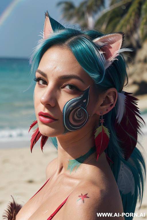 face, sexy, beautiful, ((face painting)), ((bikini as seashell)), ((tattoo roses)), ((eyes shw)), ((angel wings)), ((rainbow hair)), ((long bu hair)), ((wind)), (( cat face)), (( cat ears)), (((feather - #main