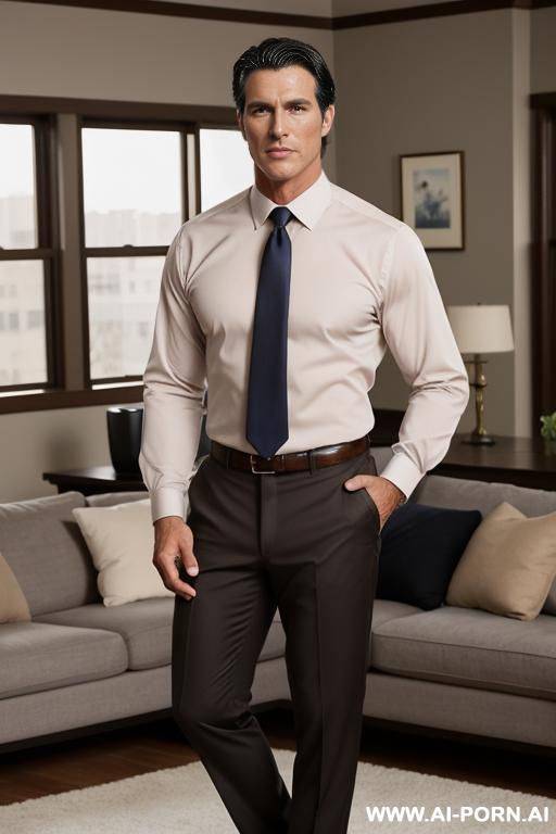 hot male model, handsome man, dark hair, brown eyes, high cheek bones, stocky, muscular build, wearing dress pants, no shirt, standing in living room, handsome older man, photo realistic, business man. - #main
