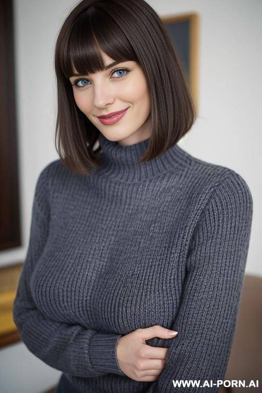 dark blue eyes, woolen grey sweater - #main