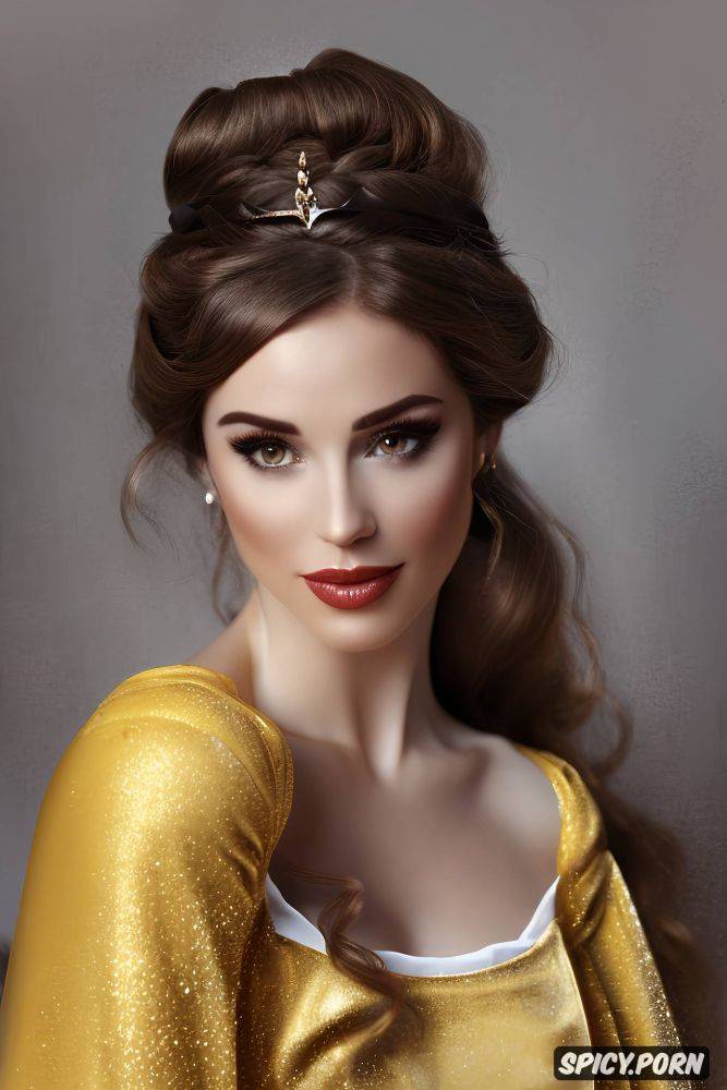 flowing low cut pale yellow ballgown, masterpiece, belle, long soft brown hair - #main