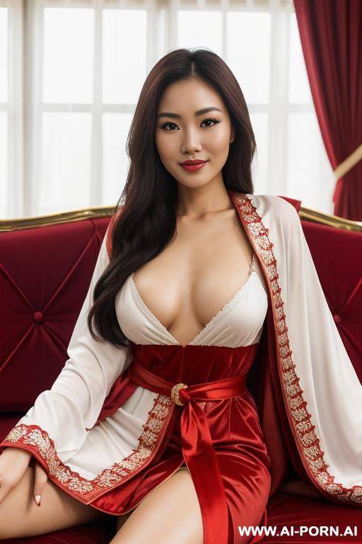 realistic laos woman, happy, beautiful natural boobs, beautiful natural body, red and white royal robes, royal lingerie, in a harem, on a couch - #main