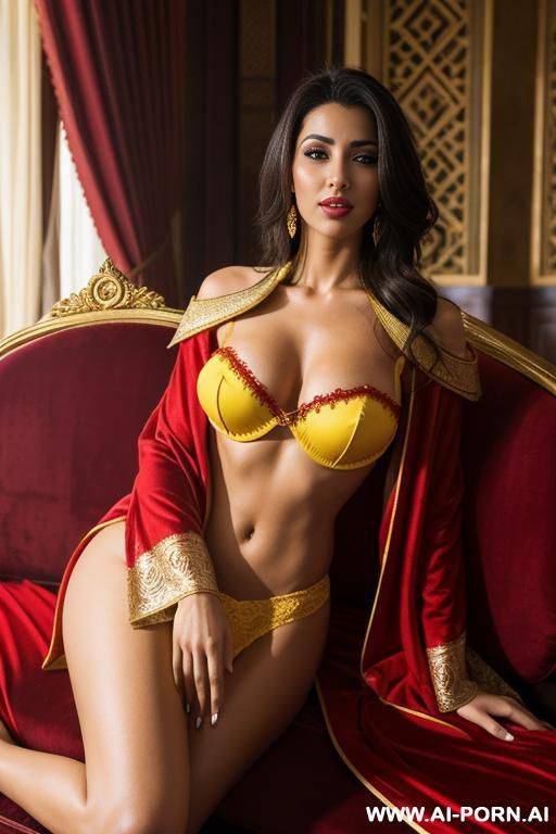 realistic north african woman, happy, beautiful natural boobs, beautiful natural body, bright red and yellow royal robes, royal lingerie, in a harem, on a couch - #main