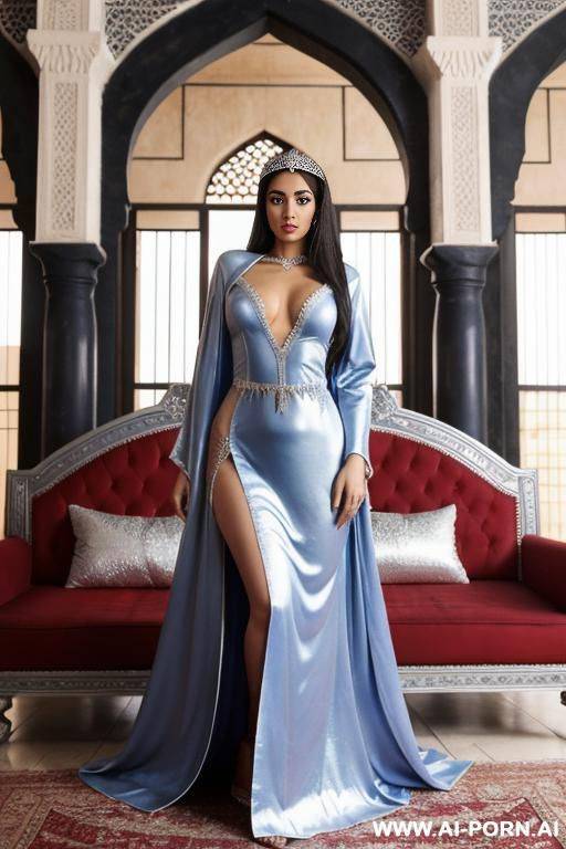 realistic north african woman, happy, beautiful natural boobs, beautiful natural body, blue and silver royal robes, red royal lingerie, in a harem, on a couch - #main