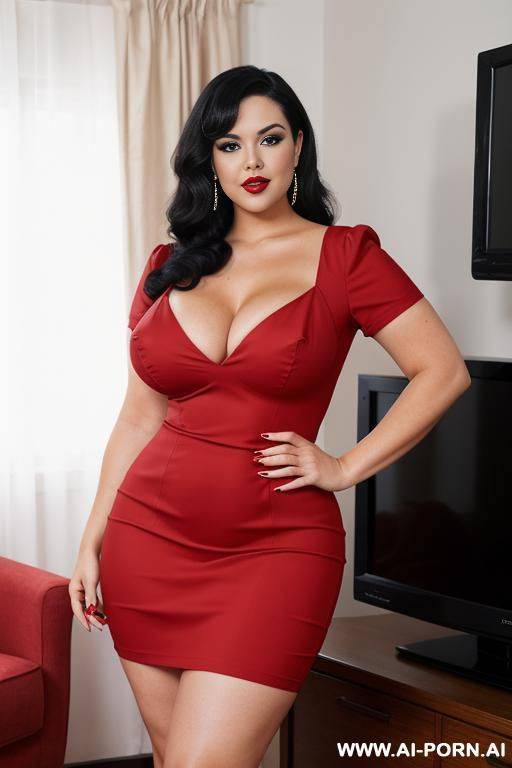 pin up plump woman full body, standing, black hair, triangular hips, thick thighs, hands on hips, red dress, room in front of the television - #main