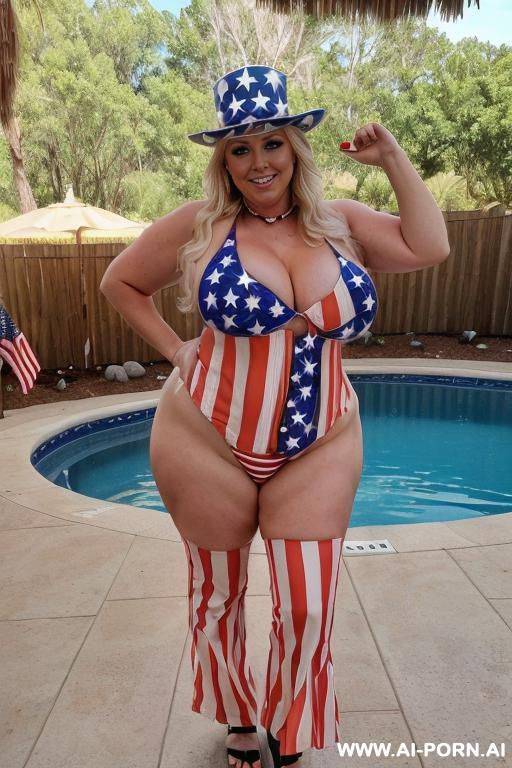 photo realistic, chubby blonde milf, massive tear drop breasts, sexy make up, full body view, ((keep face and body)), in backyard, near pool, at cookout, wearing bikini, - #main