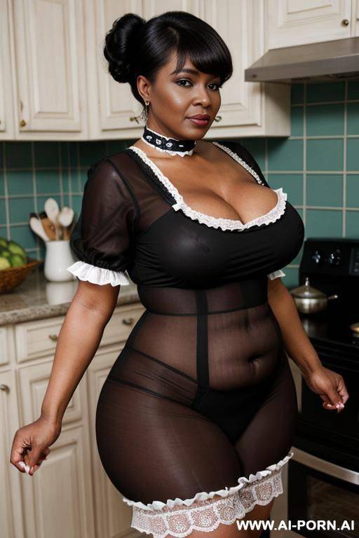 obese matured very old black gilf, very fat, very large hips, very plump, extra thicc, wrinkles, wrinkled skin, aging marks, hair bun with bangs, french maid outfit, french maid, maid, soubrette, - #main