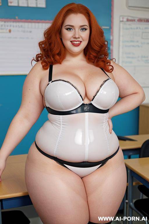 half body photo shot, dynamic angle 30, about at classroom, obese chubby fat bbw curvy teacher, wearing a sexy and hot colorfull latex stocking lingeries, she is obese and bbw woman - #main