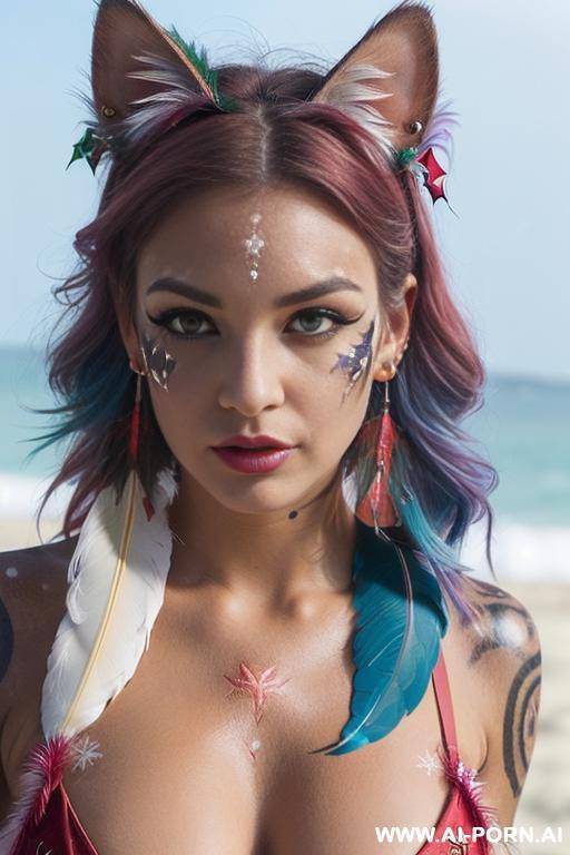 face, sexy, beautiful, ((face painting)), ((bikini as seashell)), ((tattoo roses)), ((eyes shw)), ((angel wings)), ((rainbow hair)), ((long bu hair)), ((wind)), (( cat face)), (( cat ears)), (((feather - #main
