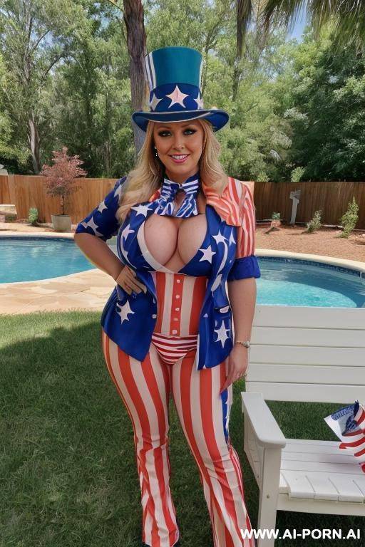 photo realistic, chubby blonde milf, massive tear drop breasts, sexy make up, full body view, ((keep face and body)), in backyard, near pool, at cookout, - #main