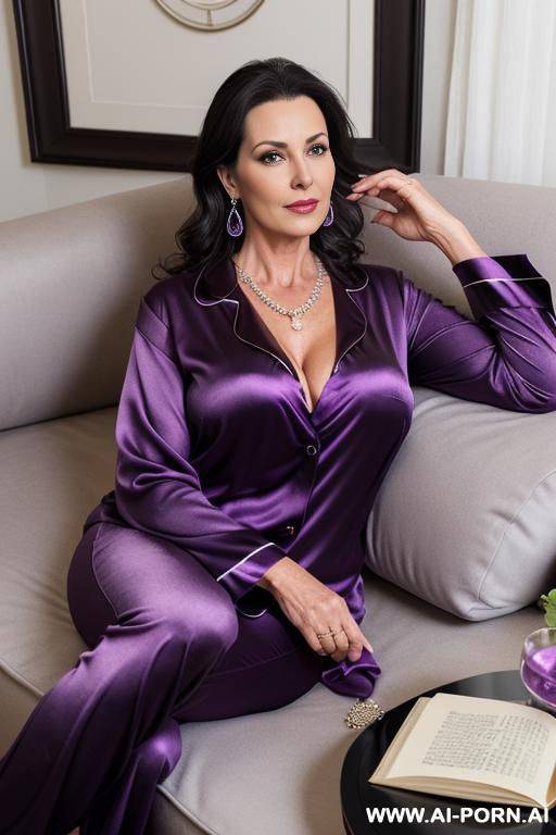 beautiful and sexy mature in her fifties, full body, dark hair, dressed in her purple satin pj, big tits, bigger cleavage, earrings, necklace, relaxing on the couch reading a book, realistic face and skin - #main