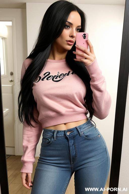 woman long hair tight jeans pink sweatshirt selfie photo in the mirror - #main