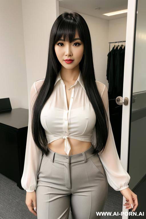 wide hips, asian, medium long hair, bangs, blouse, pants - #main