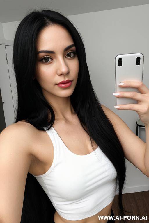 woman long hair white top selfie - #main