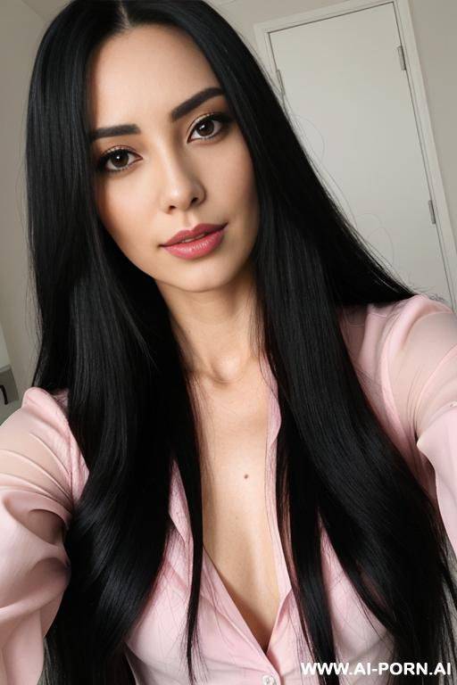 woman long hair pink blouse selfie - #main